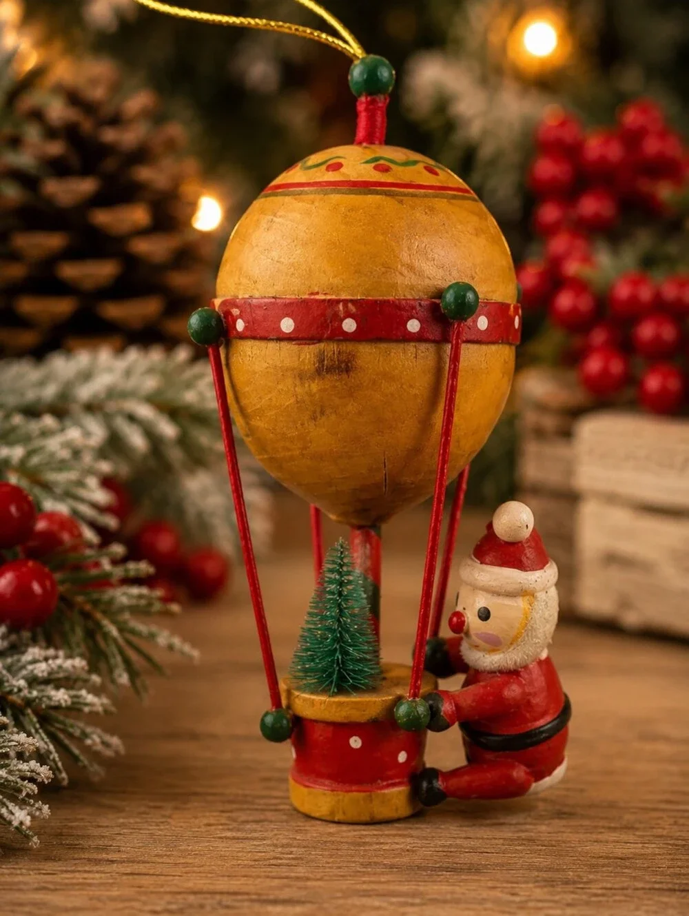 Vintage Style Santa Hot Air Balloon Christmas Ornament Folk Art Wood 4.5